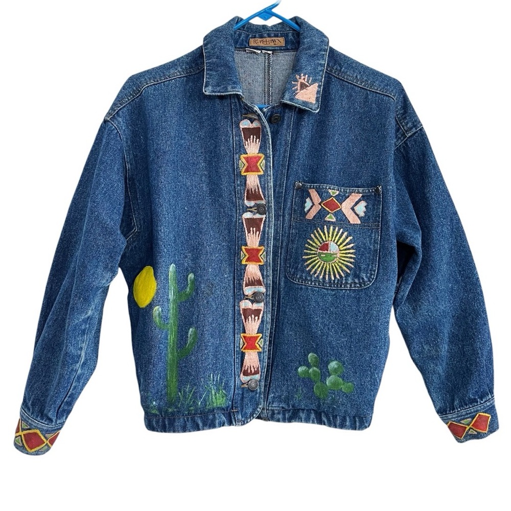 Hand Painted Vintage Ruff Hewn Denim Jean Jacket Southwest Aztec Desert Cactus S - Picture 4 of 16